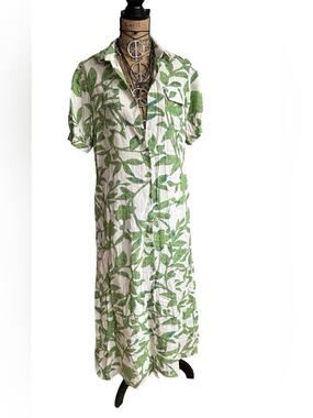 LOVE & HARMONY - Green Leaf Print Maxi Shirt Dress - SIZE M - MED - MEDIUM